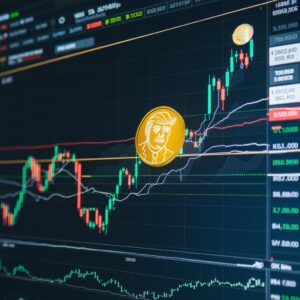 The image you've uploaded seems to feature a financial chart with a coin bearing the image of a prominent figure, possibly Donald Trump, superimposed over it. It looks like a representation of cryptocurrency or trading related to financial markets.