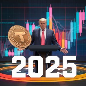 The image depicts a figure resembling Donald Trump standing at a podium, holding a coin with the letter "T" on it, while a financial chart with colorful candlestick bars is visible in the background. The year "2025" is prominently displayed in the foreground, which suggests a futuristic or financial theme, possibly related to cryptocurrency or market trends.