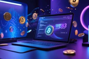 3D render of a neon-lit workspace with laptop showing Web3 apps beta testing interface, crypto tokens floating above keyboard, futuristic tech atmosphere.