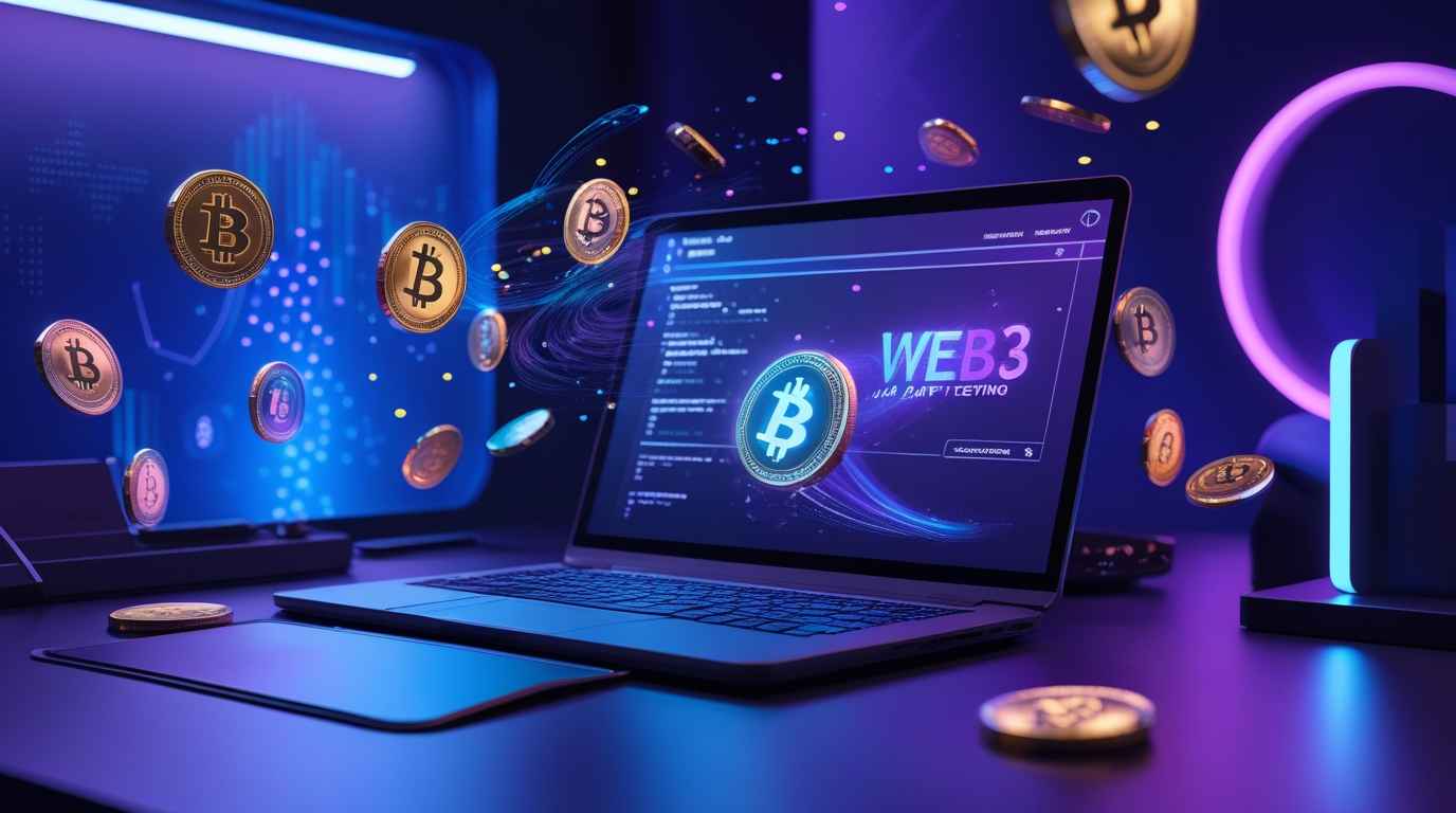 3D render of a neon-lit workspace with laptop showing Web3 apps beta testing interface, crypto tokens floating above keyboard, futuristic tech atmosphere.